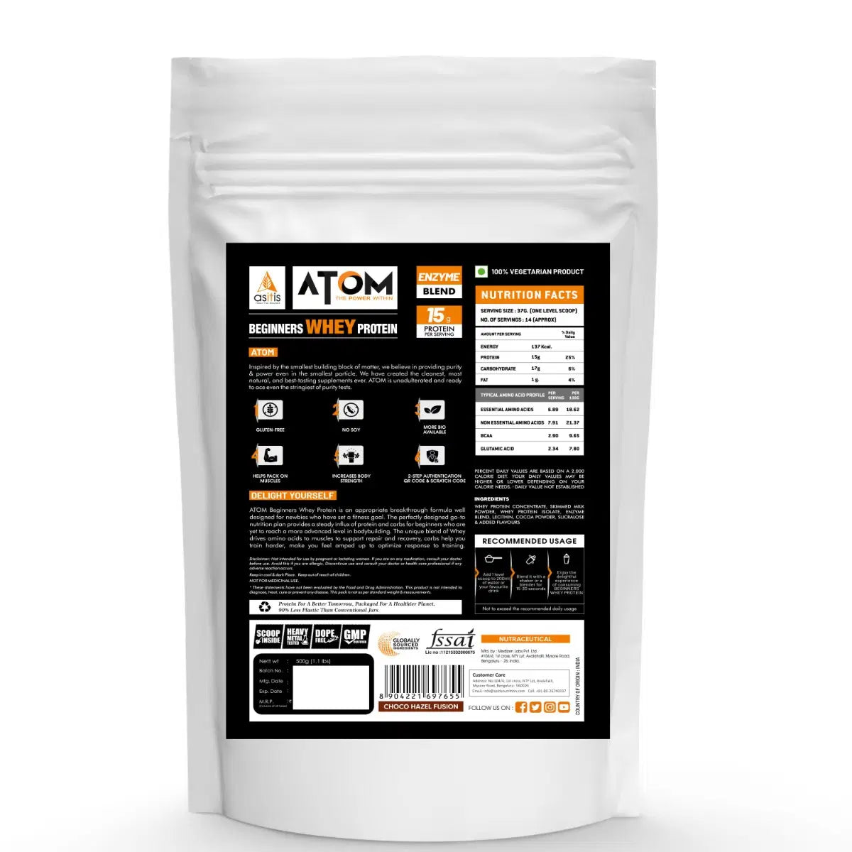 AS-IT-IS ATOM Beginners Whey Protein | Accelerates Muscle-building | Increases Body Strength  - 500 Gm