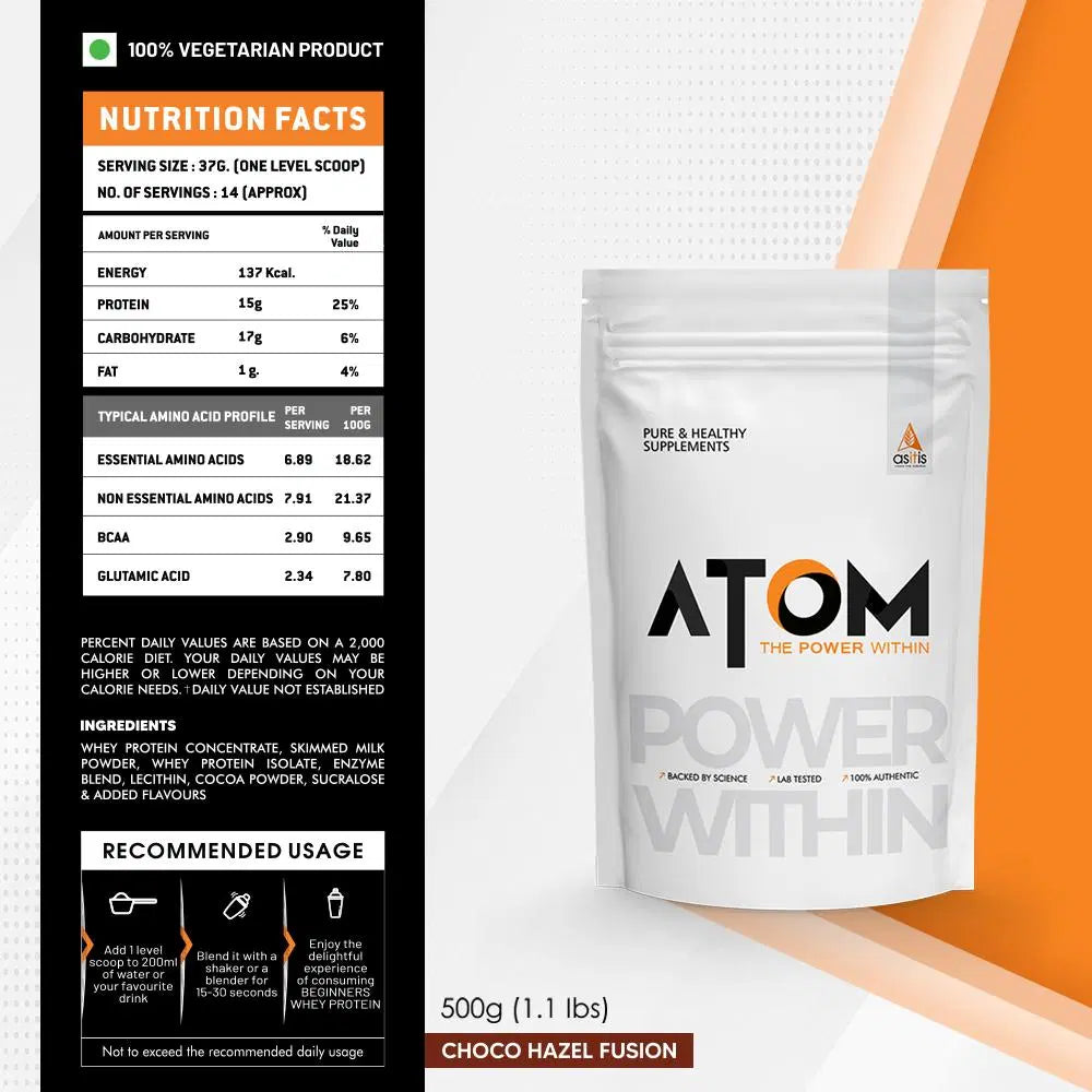 AS-IT-IS ATOM Beginners Whey Protein | Accelerates Muscle-building | Increases Body Strength  - 500 Gm