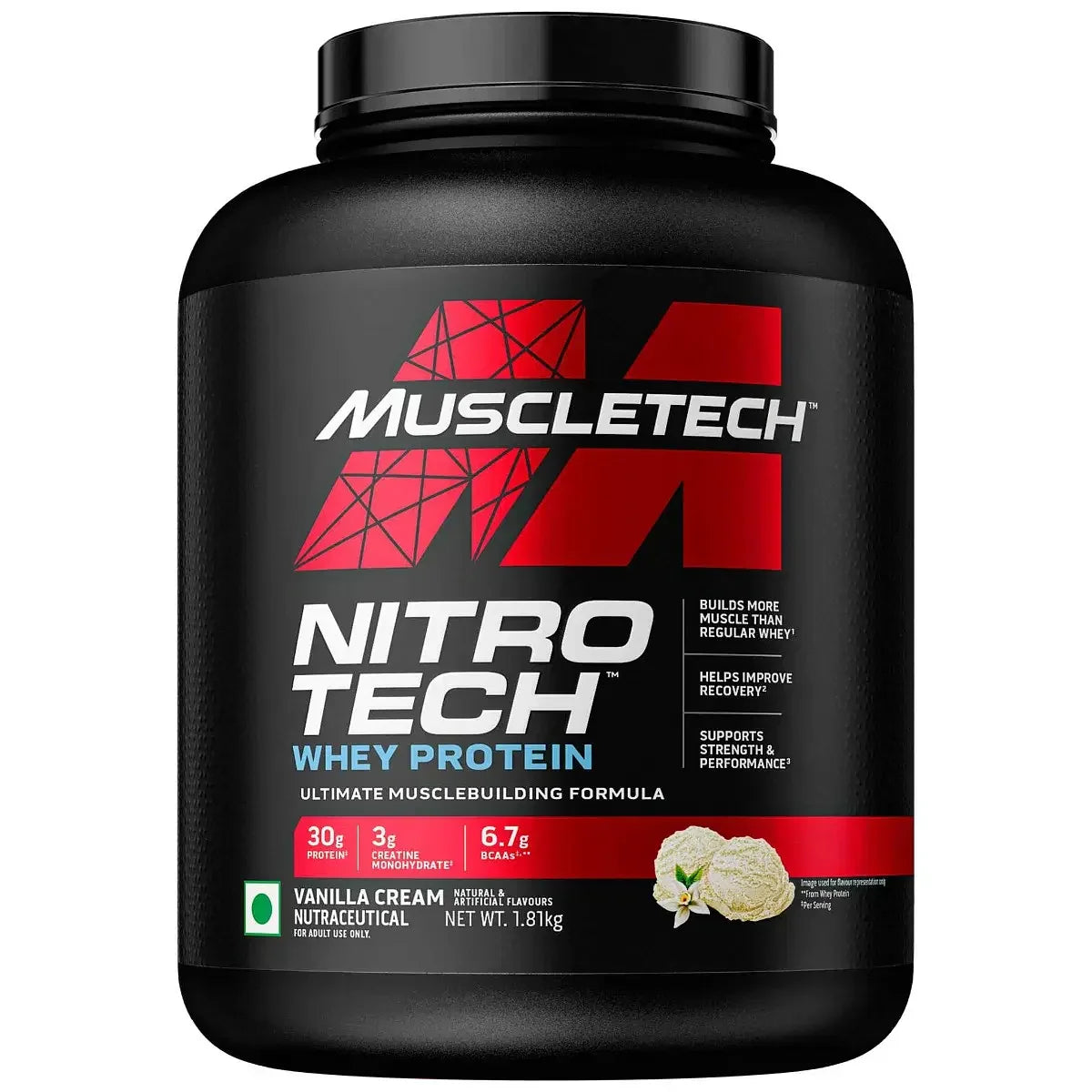 MuscleTech Nitro-Tech Performance Series Whey Protein 4 Lbs (1.81 Kg) + Nutristar Micronized CREA Gold Creatine Monohydrate 250g (83 Servings) - Advanced Muscle Building Stack