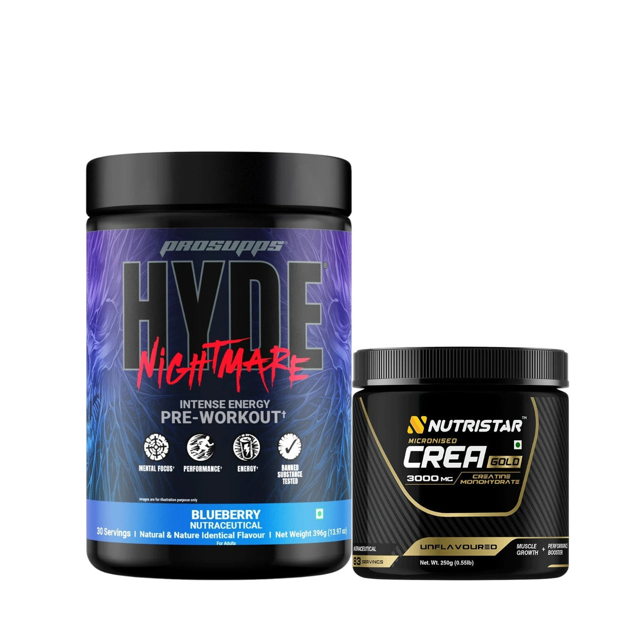 ProSupps HYDE Nightmare Intense Pre-Workout (30 Servings) + Nutristar Micronized CREA Gold Creatine Monohydrate 250g (83 Servings) - Extreme Energy & Power Combo