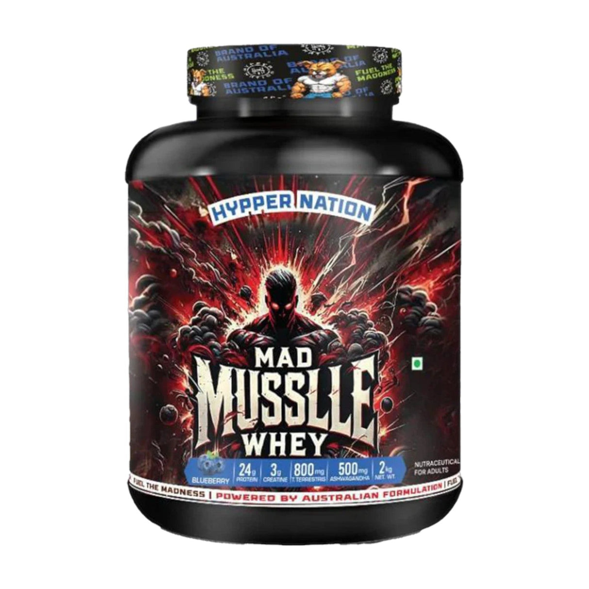 Hypper Nation Mad Muscle Advanced Whey Protein Powder | 24g Protein with Creatine, Ashwagandha & Tribulus | 2kg (53 Servings)