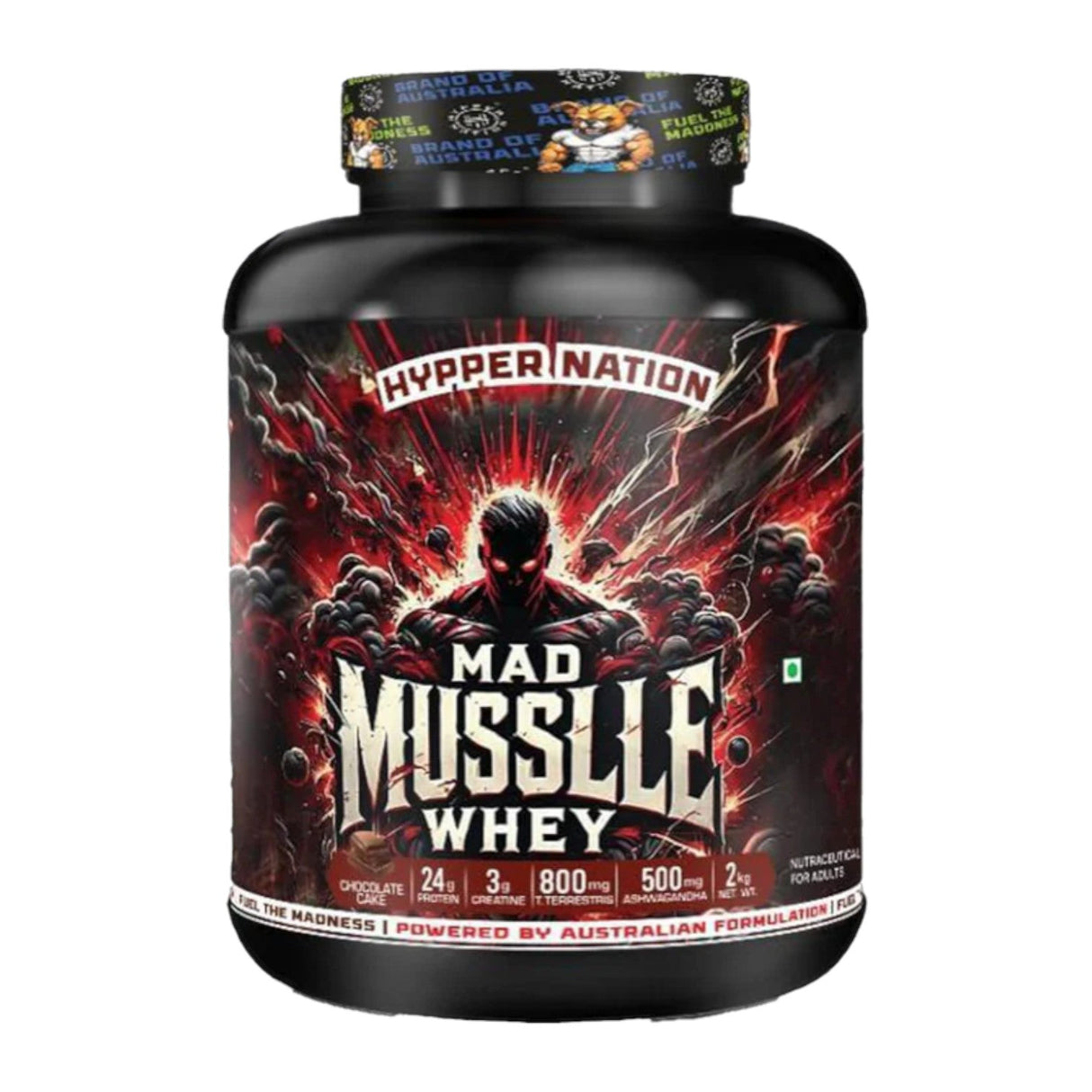 Hypper Nation Mad Muscle Advanced Whey Protein Powder | 24g Protein with Creatine, Ashwagandha & Tribulus | 2kg (53 Servings)