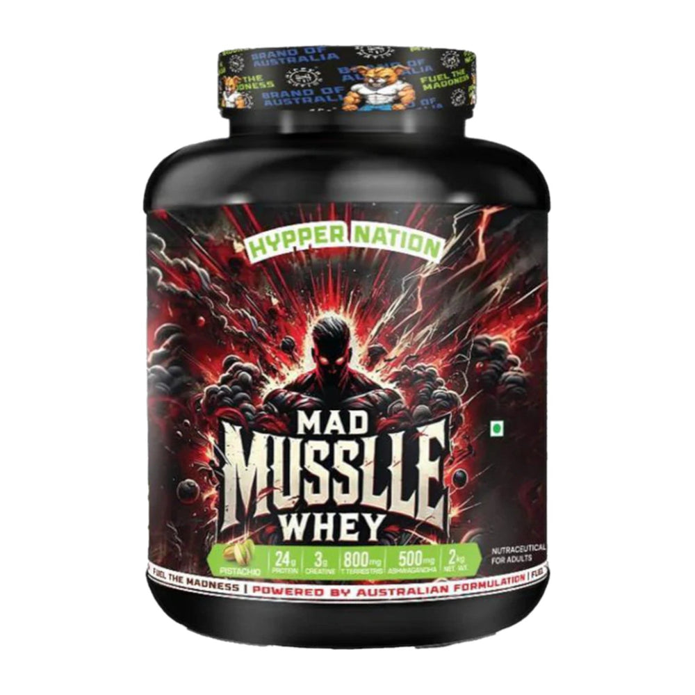 Hypper Nation Mad Muscle Advanced Whey Protein Powder | 24g Protein with Creatine, Ashwagandha & Tribulus | 2kg (53 Servings)