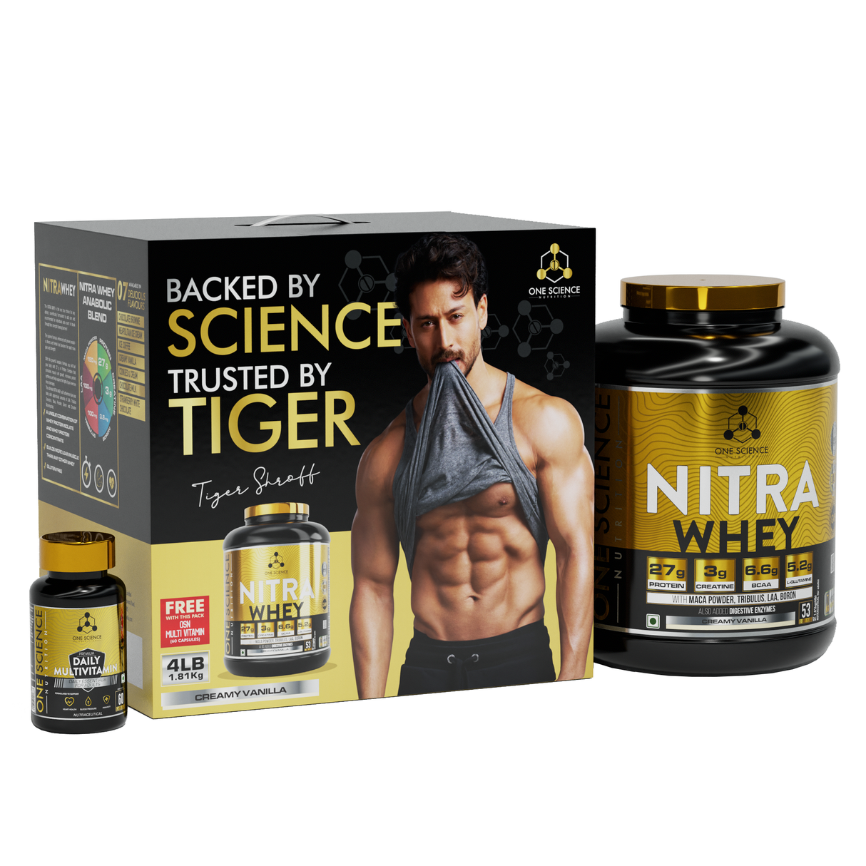 One Science Nitra Whey 4 Lbs with Multivitamins 60 Tablets | 27g Protein, 3 Creatine Per Serving | Complete Stack