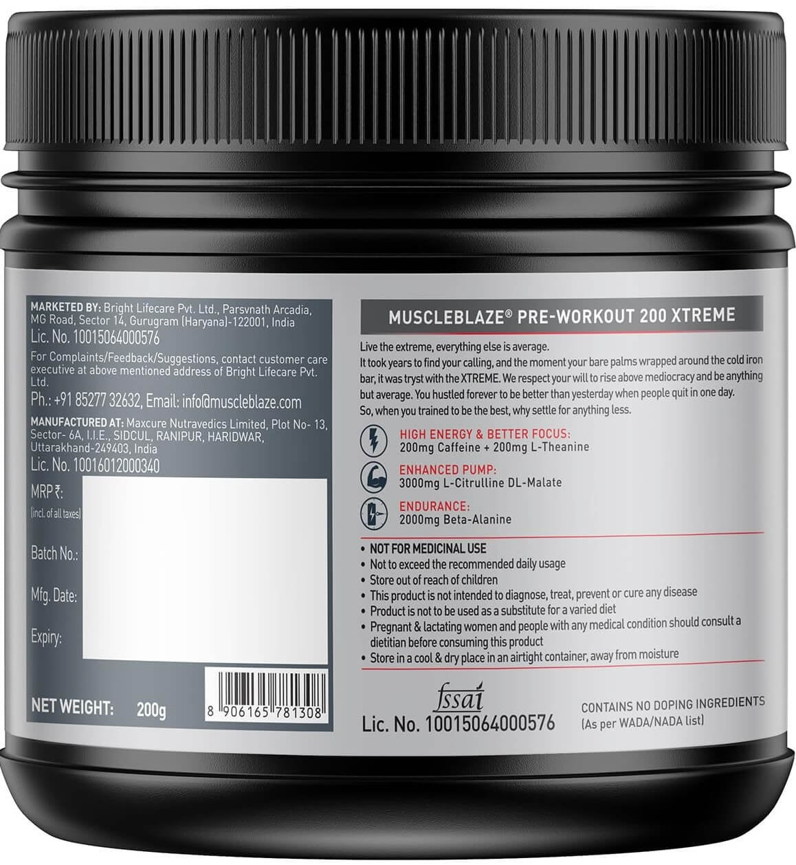 MuscleBlaze PRE Workout 200 Xtreme, 200 g - 30 Servings - Nutristar