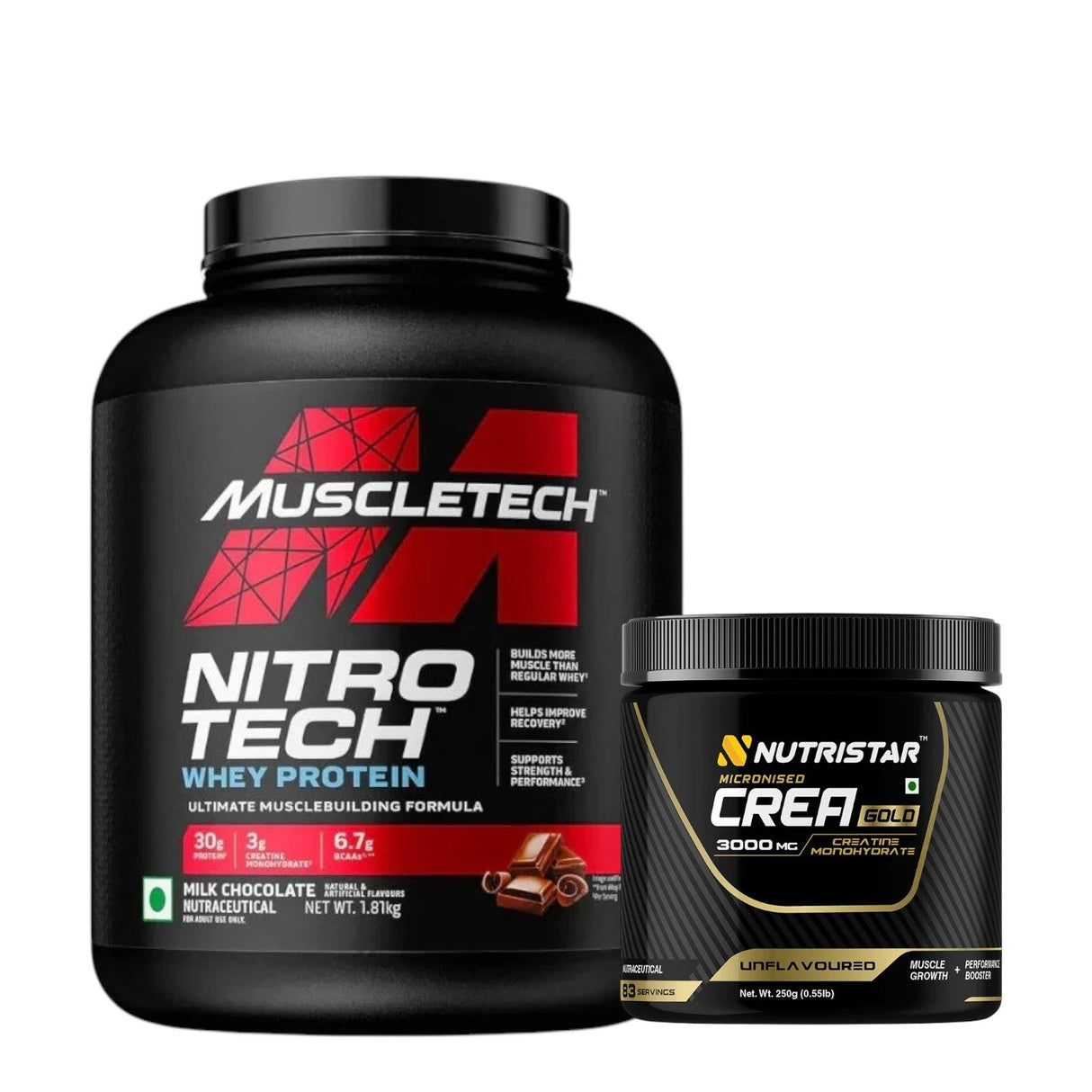MuscleTech Nitro-Tech Performance Series Whey Protein 4 Lbs (1.81 Kg) + Nutristar Micronized CREA Gold Creatine Monohydrate 250g (83 Servings) - Advanced Muscle Building Stack