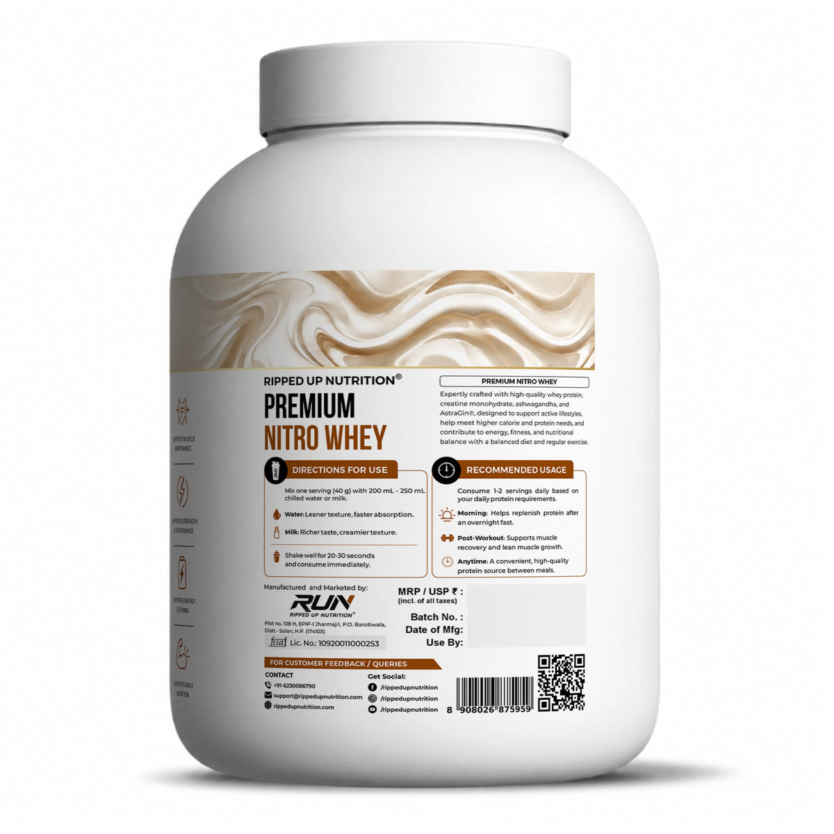 Ripped Up Nutrition Premium Nitro Whey Protein | Lean Muscle Support & Recovery | 1.81Kg, 45 Servings