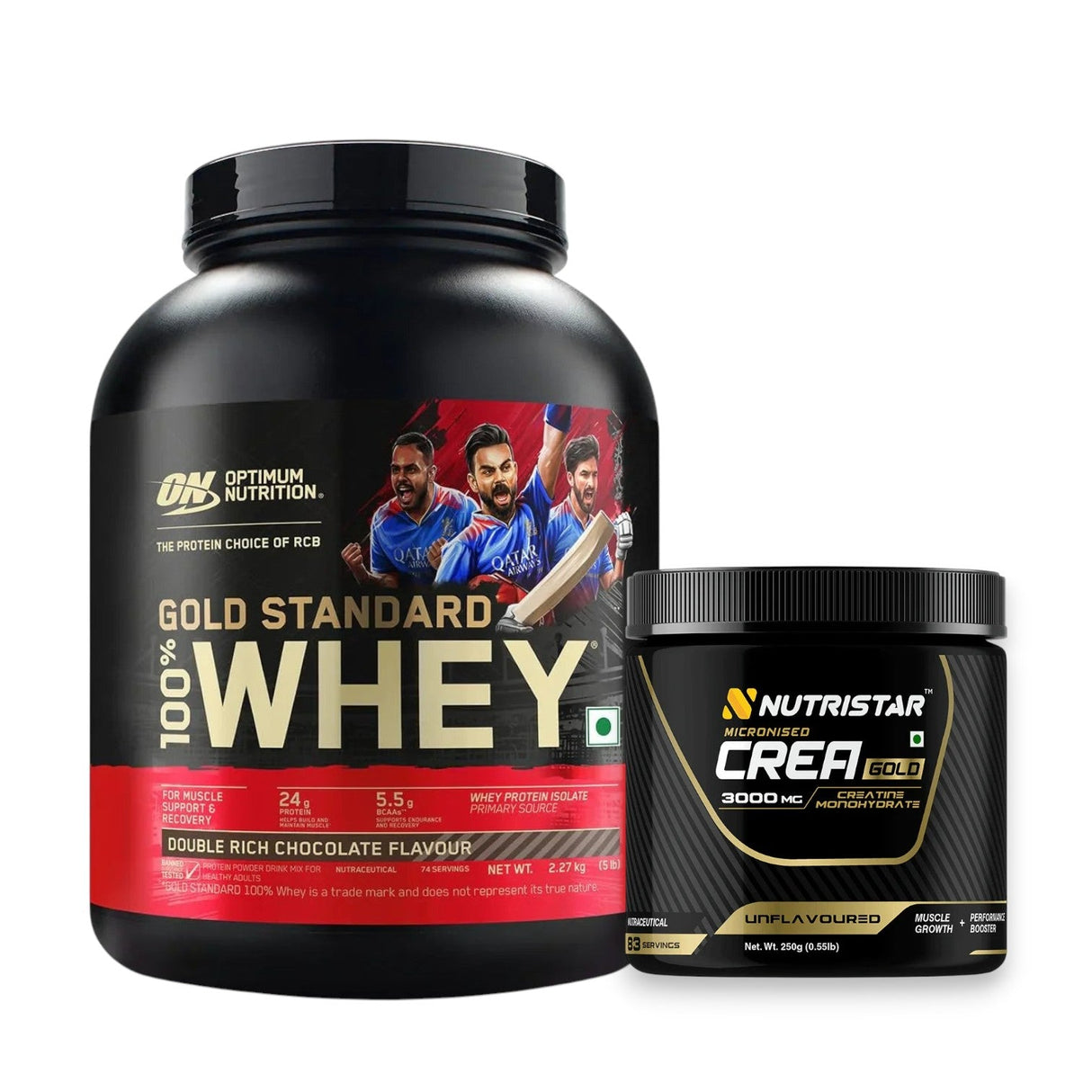 Optimum Nutrition (ON) Gold Standard 100% Whey 5 Lbs + Nutristar Micronized CREA Gold Creatine Monohydrate 250g (83 Servings) - Gold Standard Muscle Growth Combo