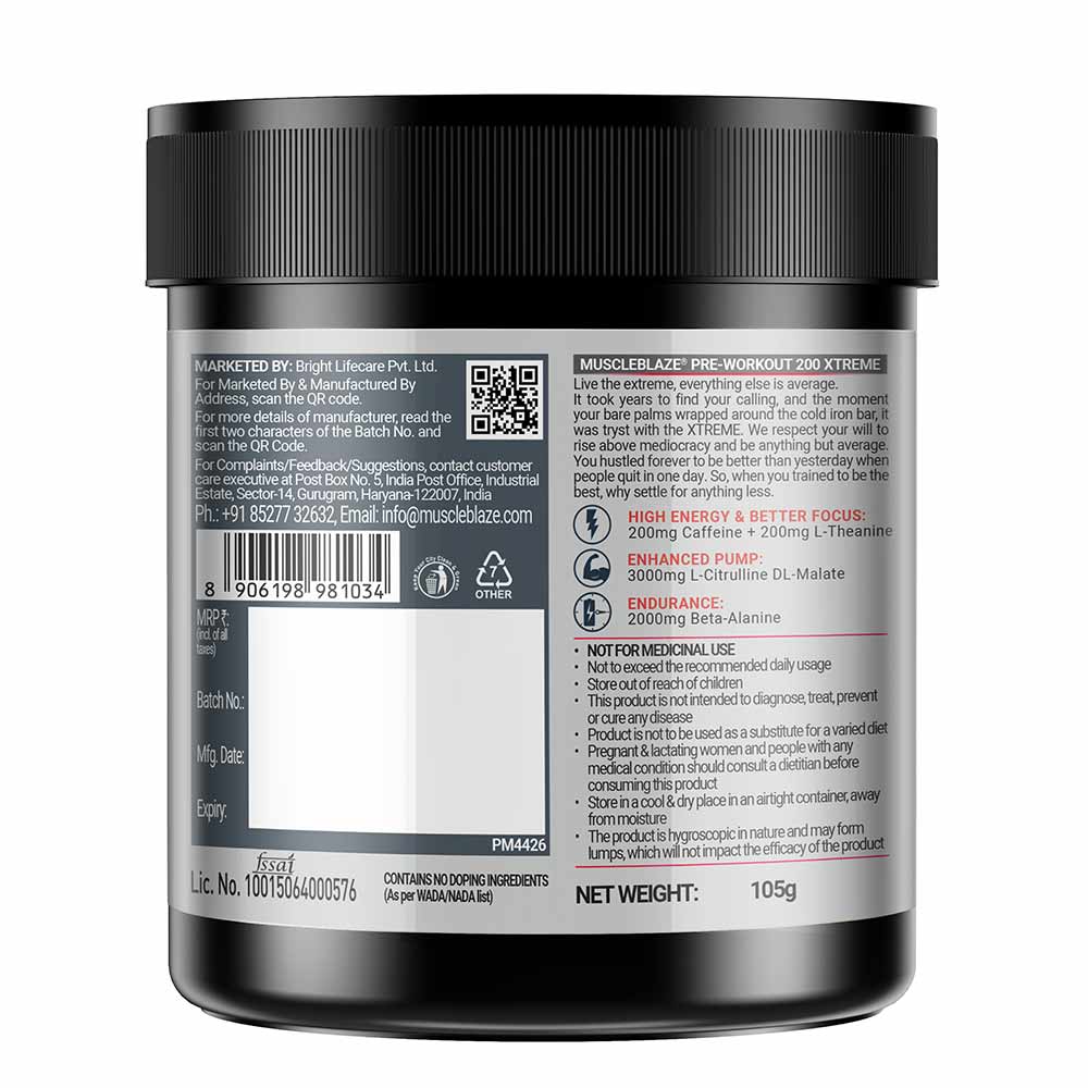 MuscleBlaze PRE Workout 200 Xtreme, 100 g - 15 Servings