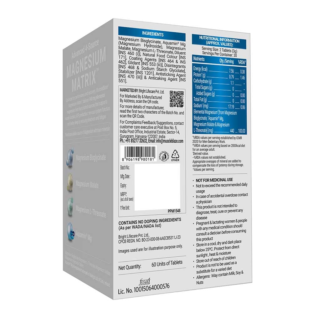 MuscleBlaze Prime Series Magnesium Matrix 440mg | 60 Tablets