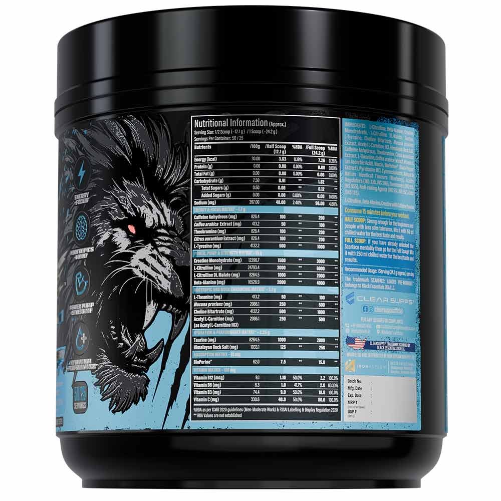 Clear Supps Scarface Fully Loaded Pre-Workout Powder 650g | Creatine, Citrulline & Beta-Alanine | 50 Servings