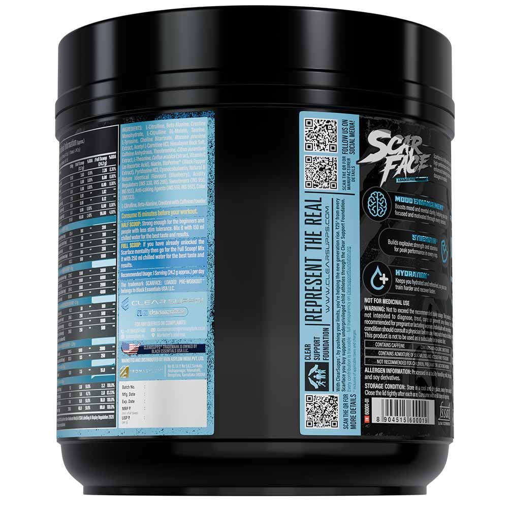 Clear Supps Scarface Fully Loaded Pre-Workout Powder 650g | Creatine, Citrulline & Beta-Alanine | 50 Servings