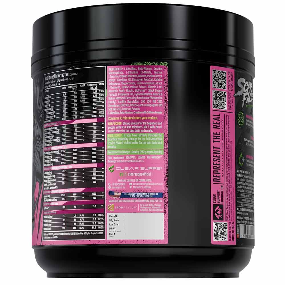 Clear Supps Scarface Fully Loaded Pre-Workout Powder 605g | Creatine, Citrulline & Beta-Alanine | 50 Servings