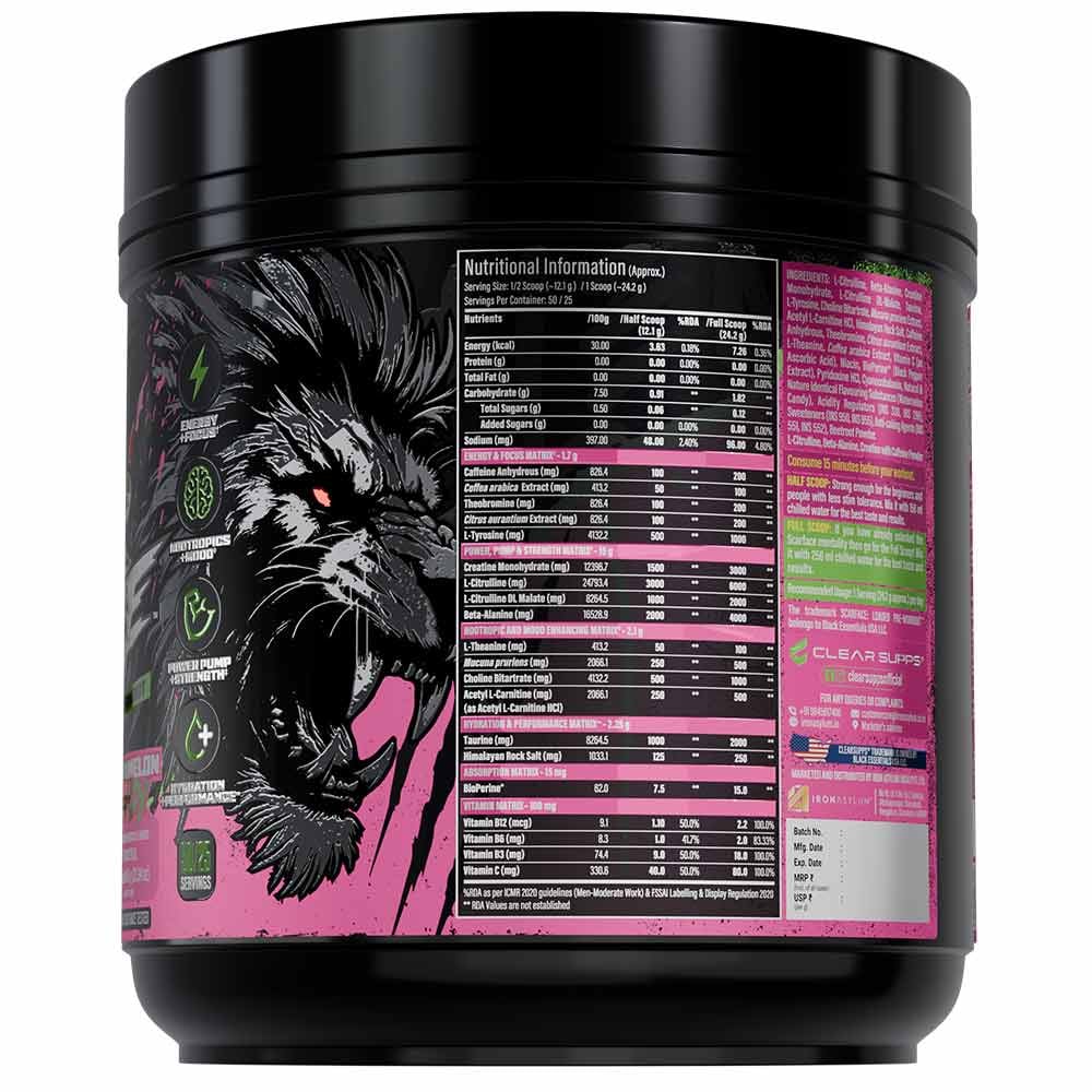 Clear Supps Scarface Fully Loaded Pre-Workout Powder 605g | Creatine, Citrulline & Beta-Alanine | 50 Servings