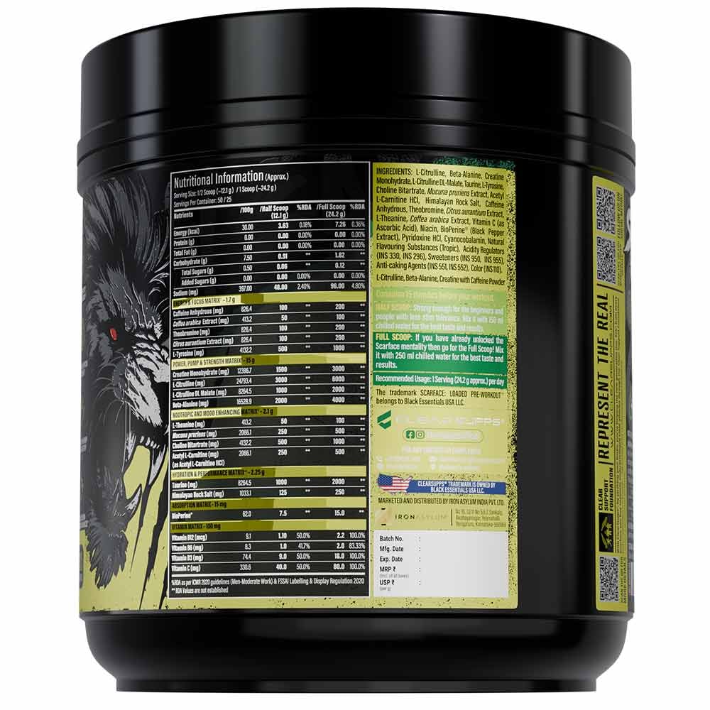 Clear Supps Scarface Fully Loaded Pre-Workout Powder 605g | Creatine, Citrulline & Beta-Alanine | 50 Servings
