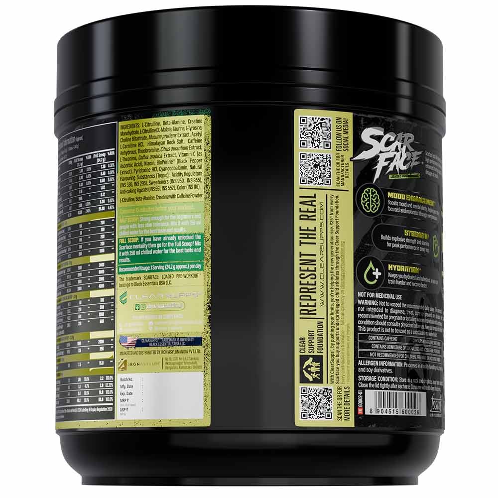 Clear Supps Scarface Fully Loaded Pre-Workout Powder 605g | Creatine, Citrulline & Beta-Alanine | 50 Servings