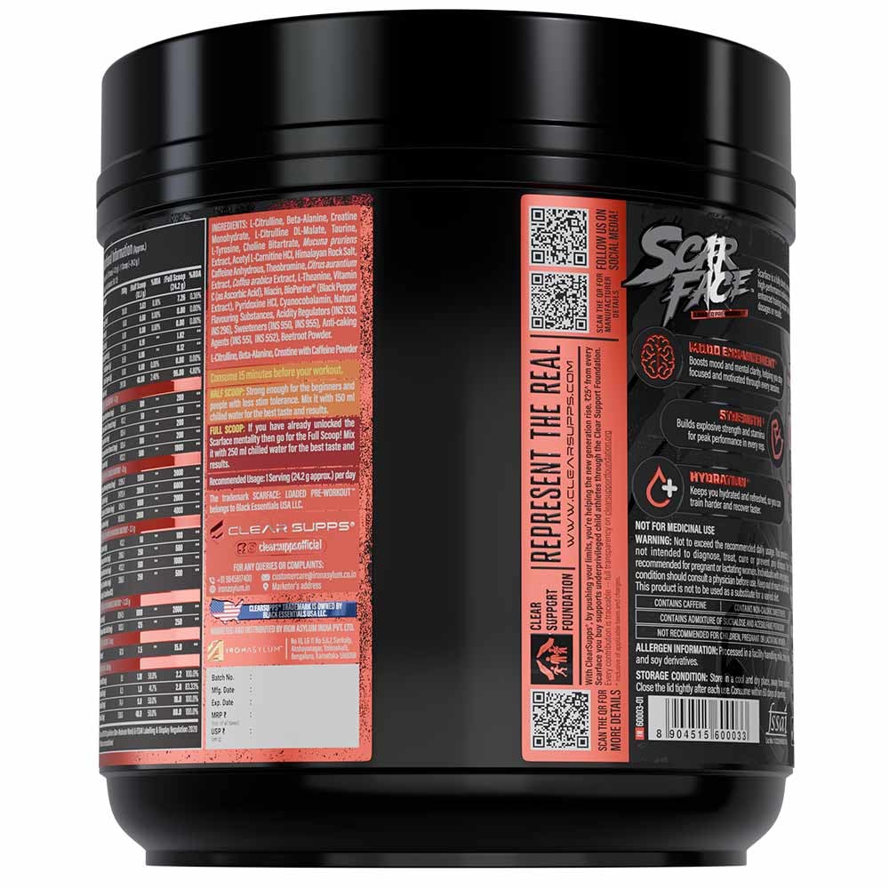 Clear Supps Scarface Fully Loaded Pre-Workout Powder 605g | Creatine, Citrulline & Beta-Alanine | 50 Servings