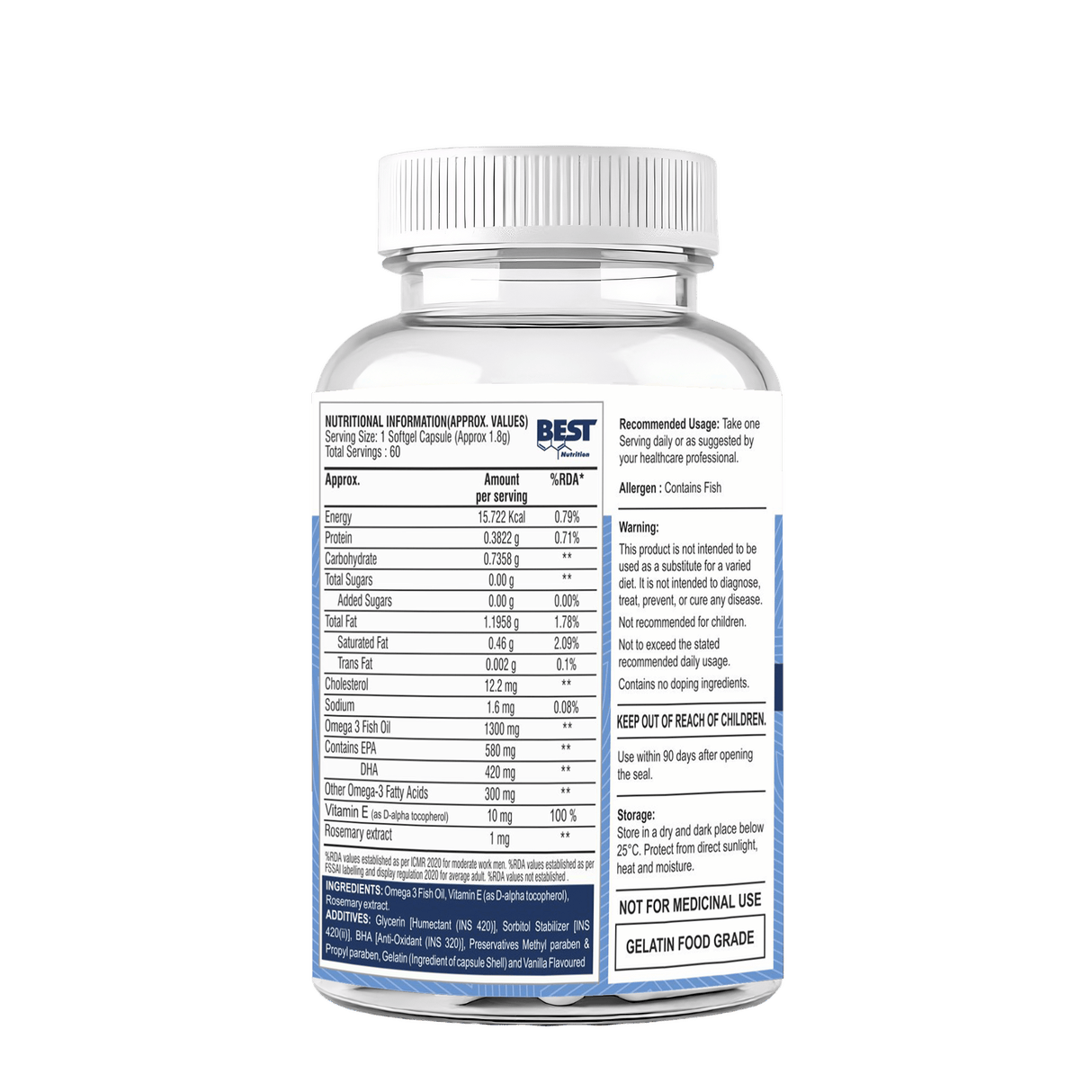 Best Nutrition 4X Omega 3 Fish Oil | 1300 mg High Strength Softgels | 60 Tablets