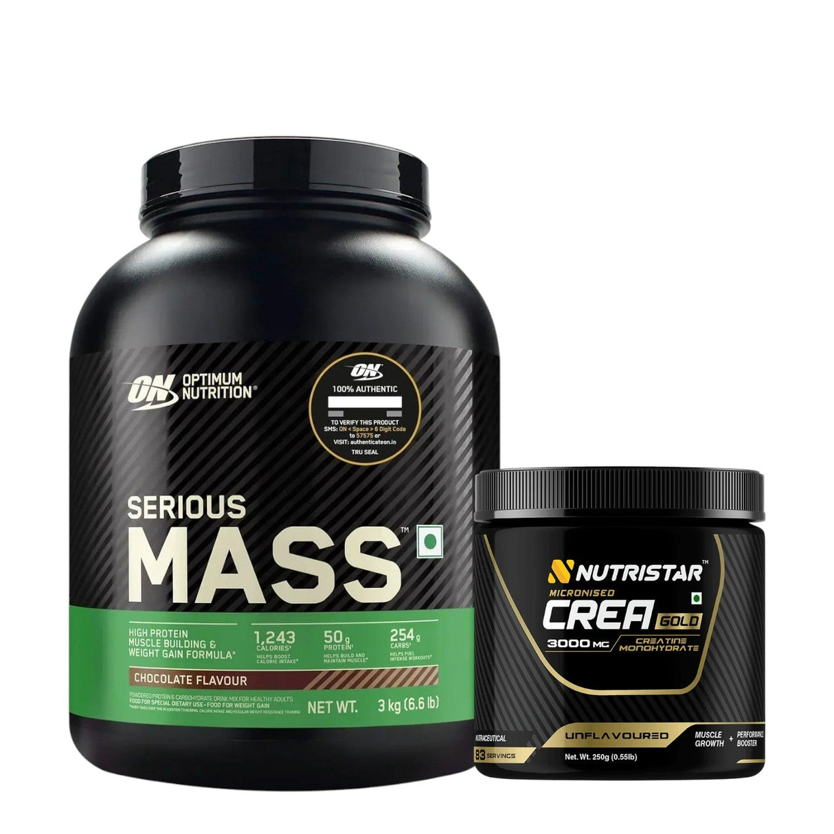 Optimum Nutrition (ON) Serious Mass 6.6 Lbs + Nutristar Micronized CREA Gold Creatine Monohydrate 250g (83 Servings) - Extreme Mass Gain Stack