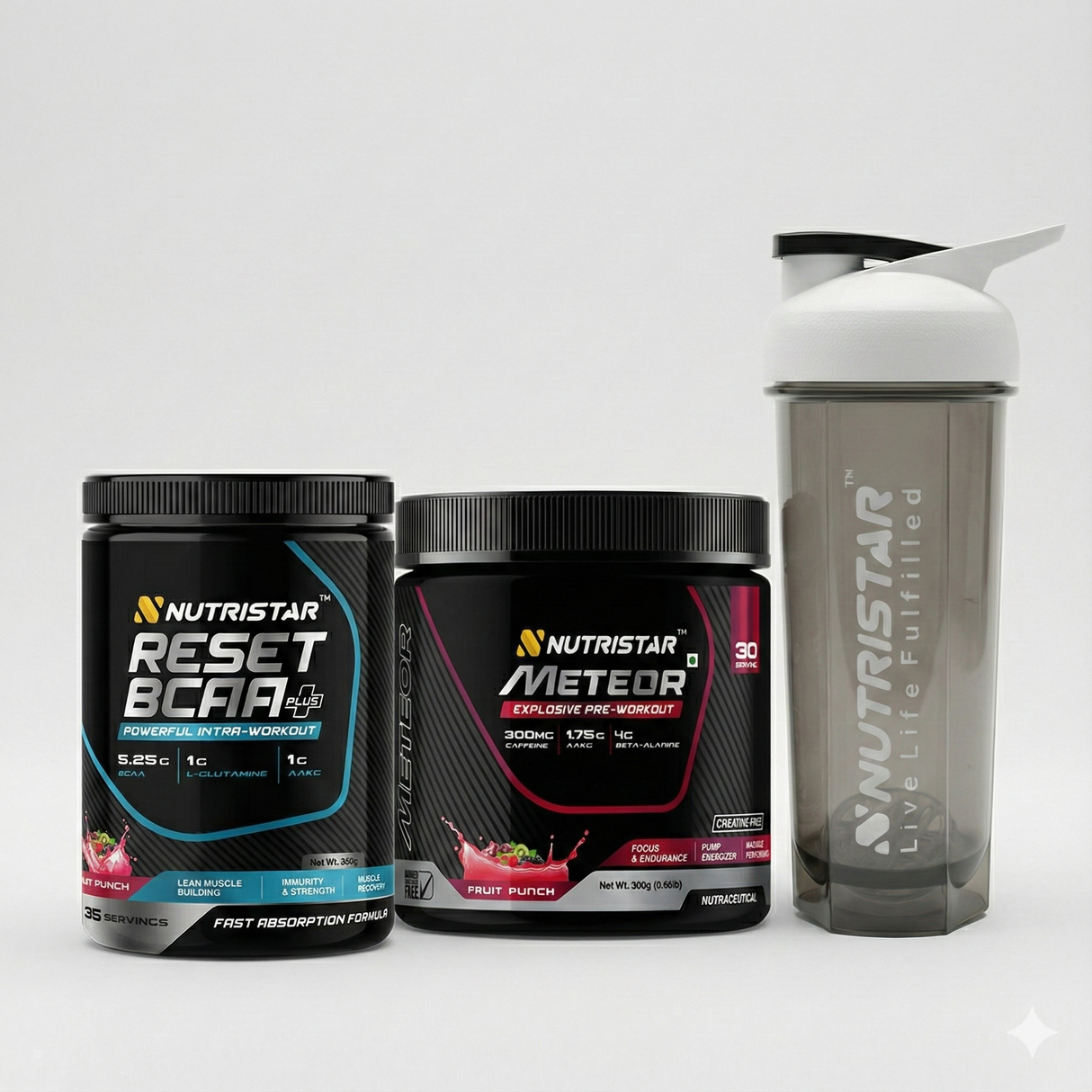 Nutristar Pre-to-Intra Workout Stack | Meteor Pre Workout (30 Servings) + Reset BCAA Plus (35 Servings) + 700ml Shaker
