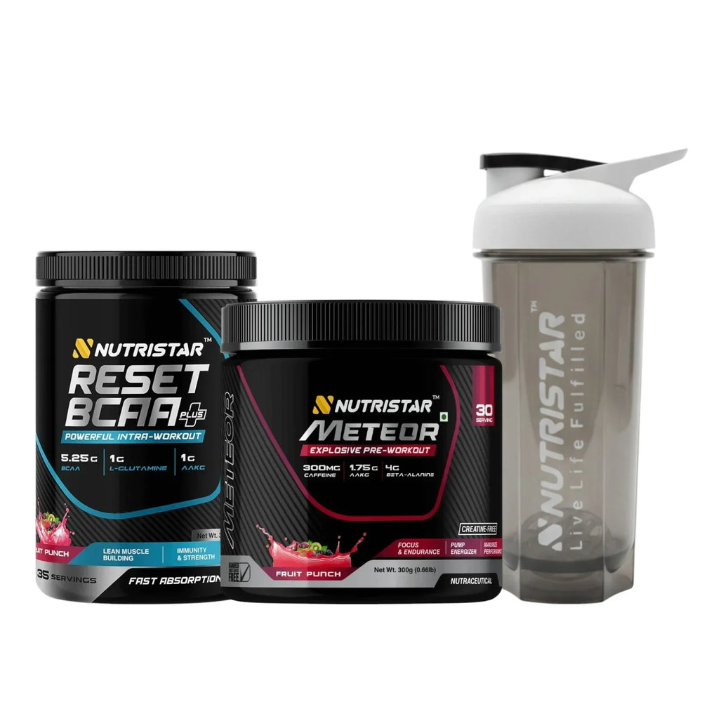 Nutristar Pre-to-Intra Workout Stack | Meteor Pre Workout (30 Servings) + Reset BCAA Plus (35 Servings) + 700ml Shaker