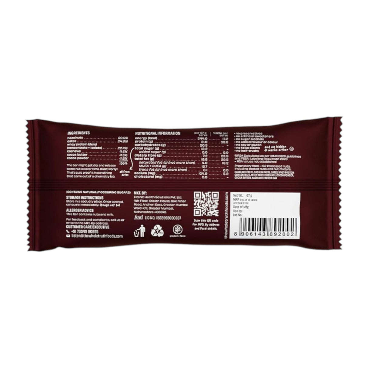 The Whole Truth - Protein Bars | Pack of 6 x 67g each | No Added Sugar | No Preservatives | No Artificial Sweeteners |