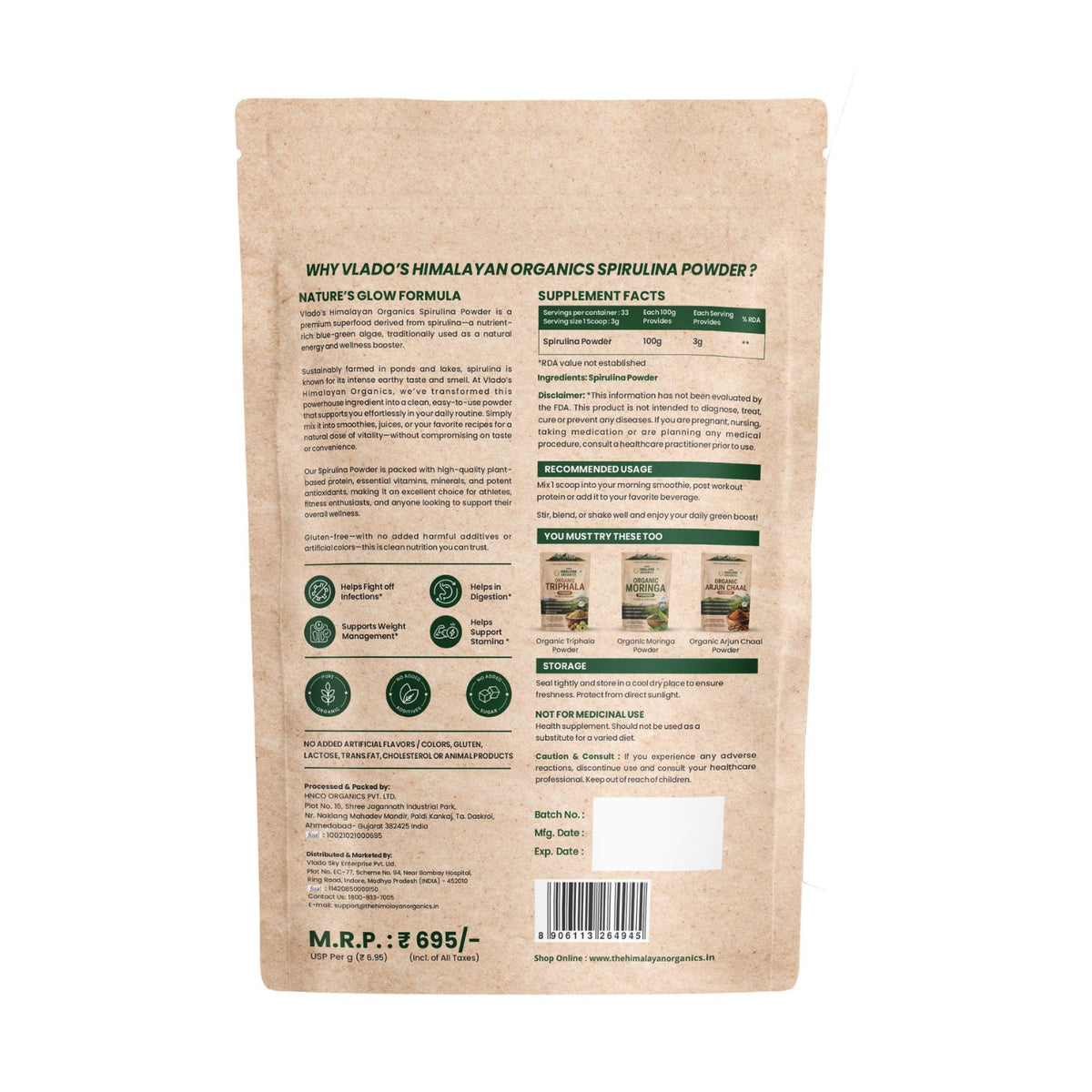 Vlado's Himalayan Organics, Spirulina Powder, 62% Protein Superfood - 100g