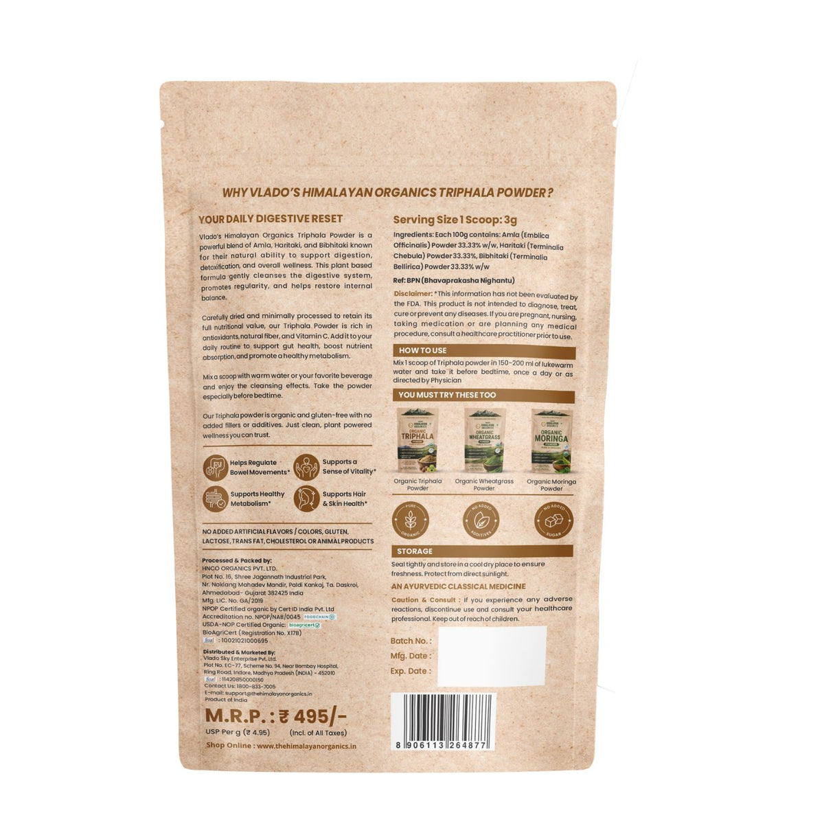 Vlado's Himalayan Organics, Triphala Powder, Gut & Digestion Support - 100g