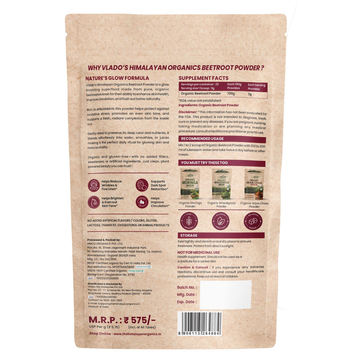 Vlado's Himalayan Organics, Beetroot Powder, Skin & Energy Booster - 100g