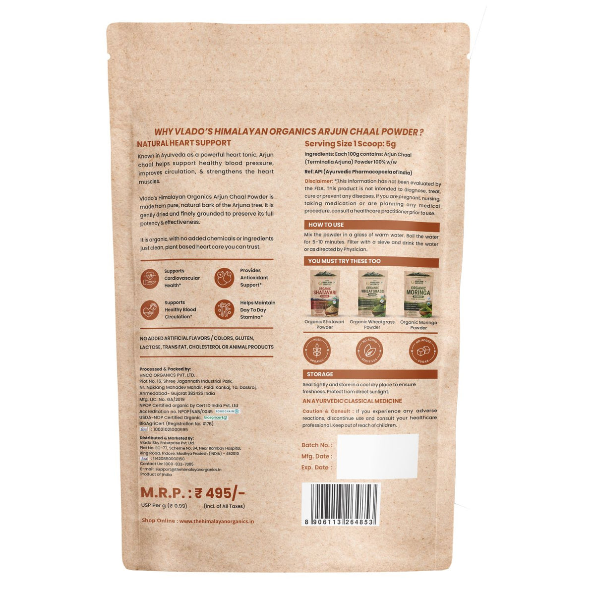 Vlado's Himalayan Organics, Arjun Chaal Powder, Heart Health Support - 500g
