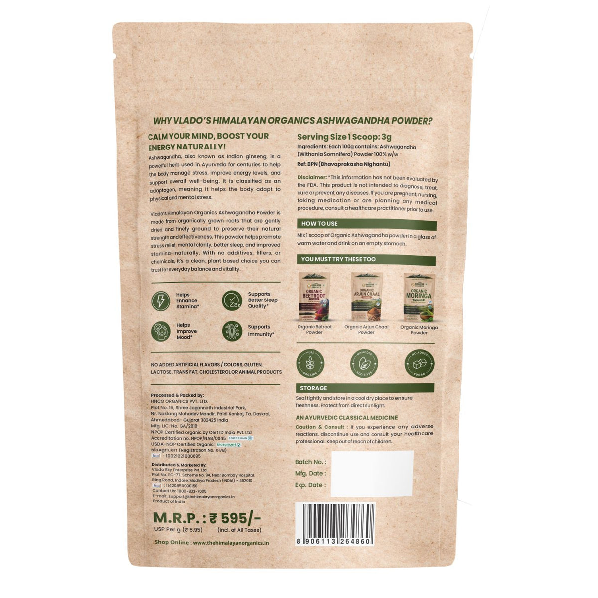 Vlado's Himalayan Organics, Ashwagandha Powder, Strength & Stress Relief - 100g