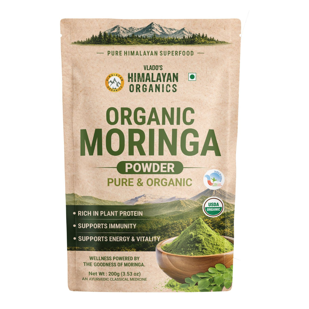 Vlado's Himalayan Organics, Moringa Powder, Nutrient-Rich Superfood - 200g