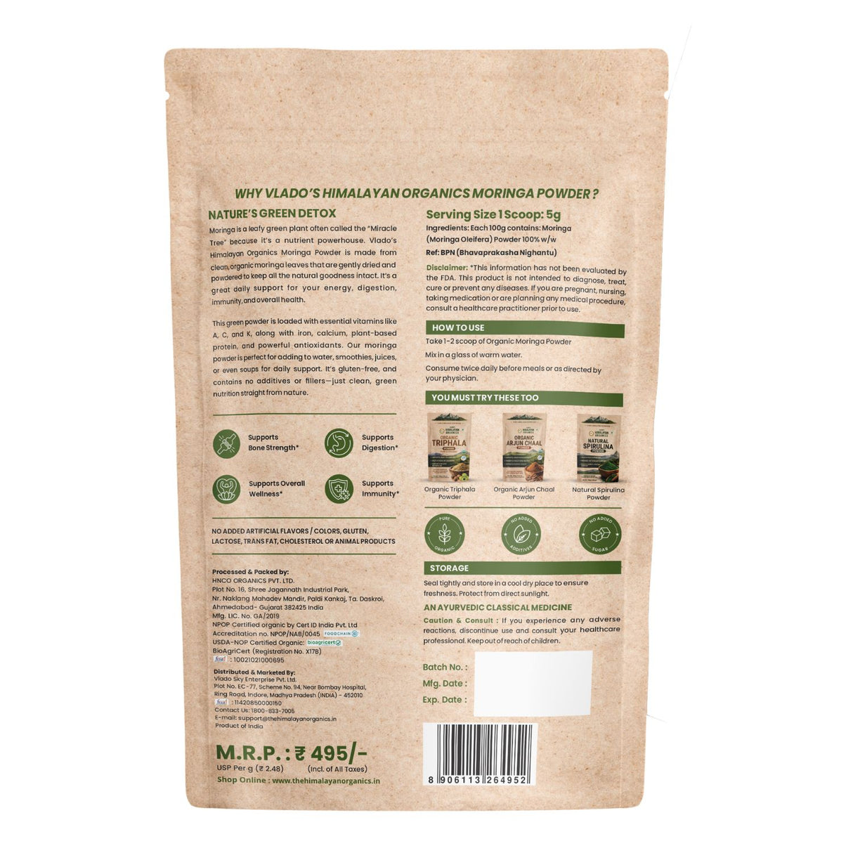 Vlado's Himalayan Organics, Moringa Powder, Nutrient-Rich Superfood - 200g