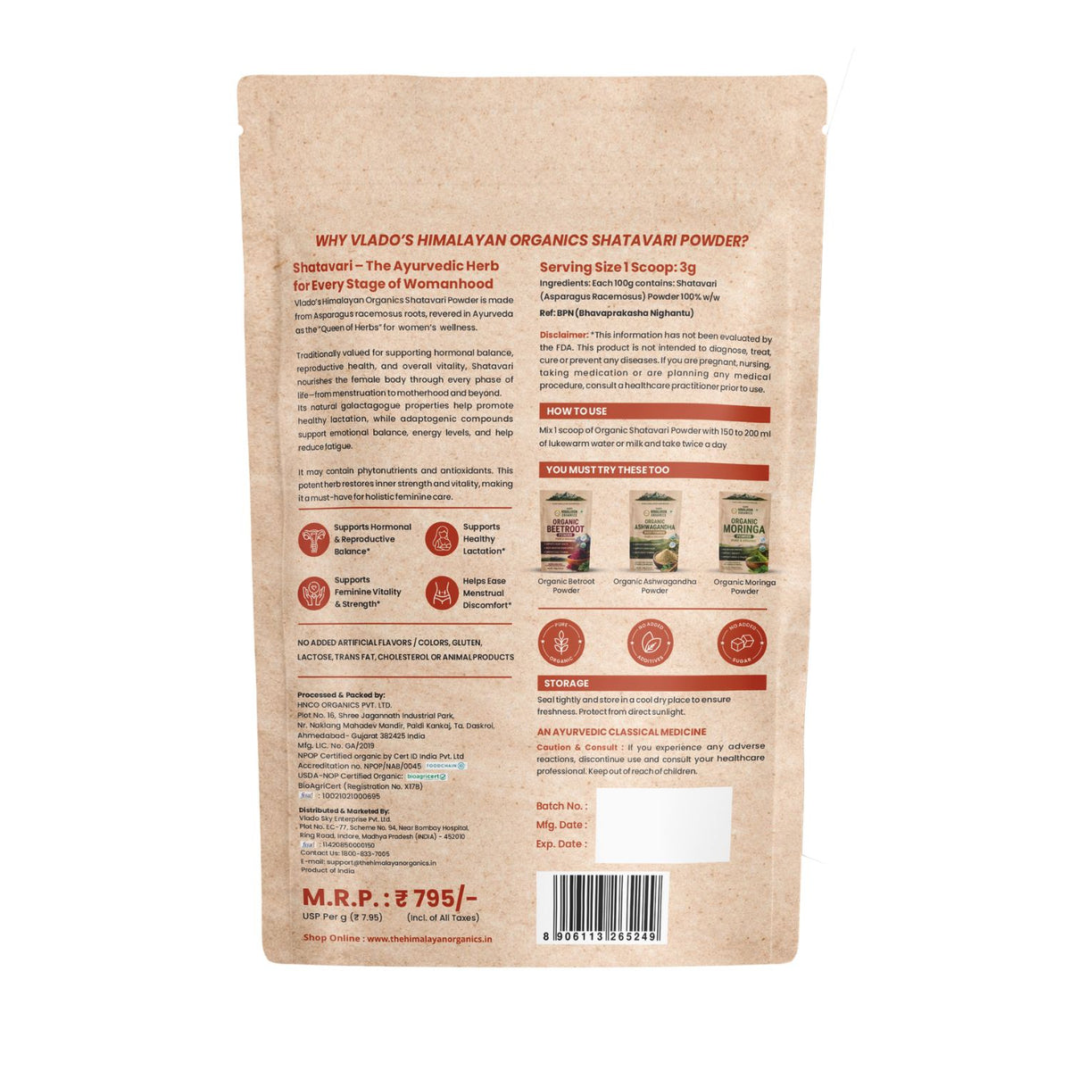 Vlado’s Himalayan Organics Shatavari Powder 100g | Hormonal & Lactation Support