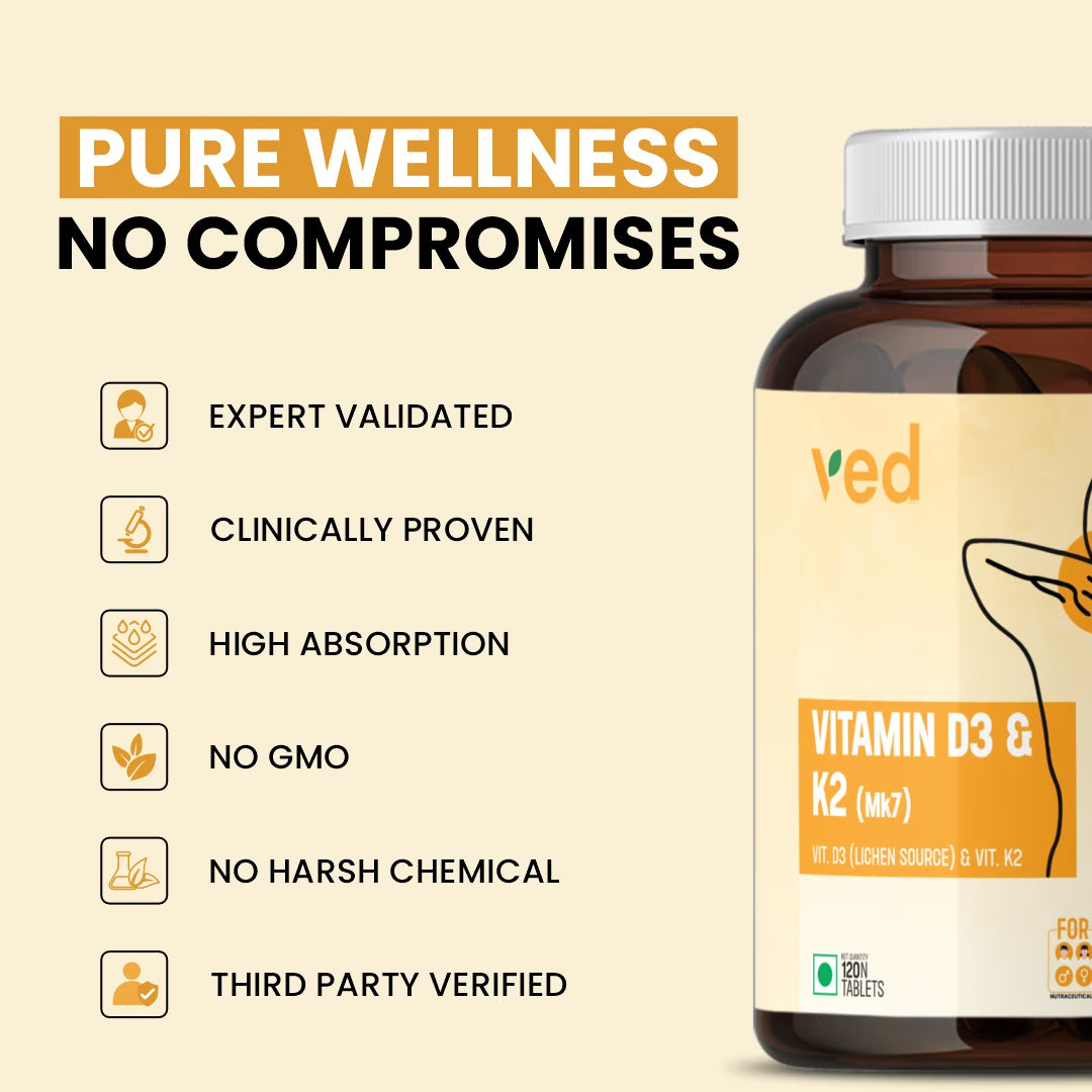 VEDayu Vitamin D3 & K2(mk7) | Vitamin D3 Supplement Lichen Source with Vitamin K2 MK7 Menaquinone | 120 Tablets - Unflavoured
