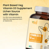 VEDayu Vitamin D3 & K2(mk7) | Vitamin D3 Supplement Lichen Source with Vitamin K2 MK7 Menaquinone | 120 Tablets - Unflavoured