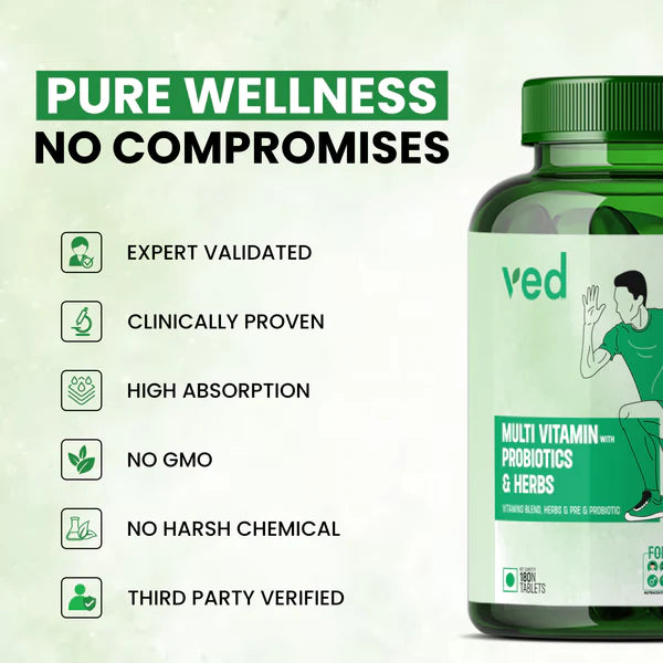 VEDayu Multivitamin Tablets for Men & Women with Probiotics & Ginseng | Multivitamin supplement with 45 Ingredients - 60 Tablets