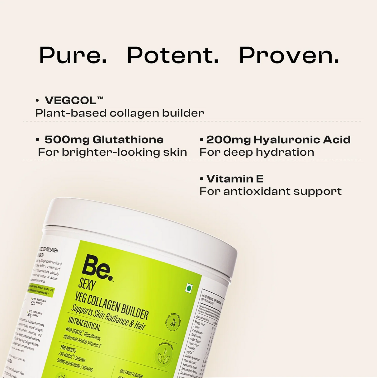 BE Wellness Veg Collagen Powder | VegCol Peptides, Glutathione, Hyaluronic Acid & Vitamin E | 300g