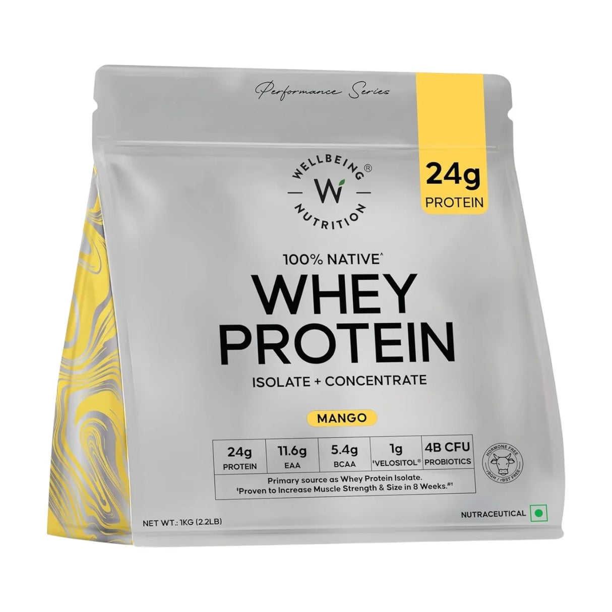 Wellbeing Nutrition Whey Protein Isolate & Concentrate | 24g Protein, Clinically Proven Velositol 2x Muscle Protein Synthesis, 4B CFU Probiotics | 1 Kg