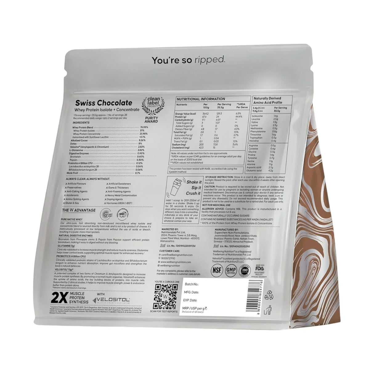 Wellbeing Nutrition Whey Protein Isolate & Concentrate | 24g Protein, Clinically Proven Velositol 2x Muscle Protein Synthesis, 4B CFU Probiotics | 1 Kg