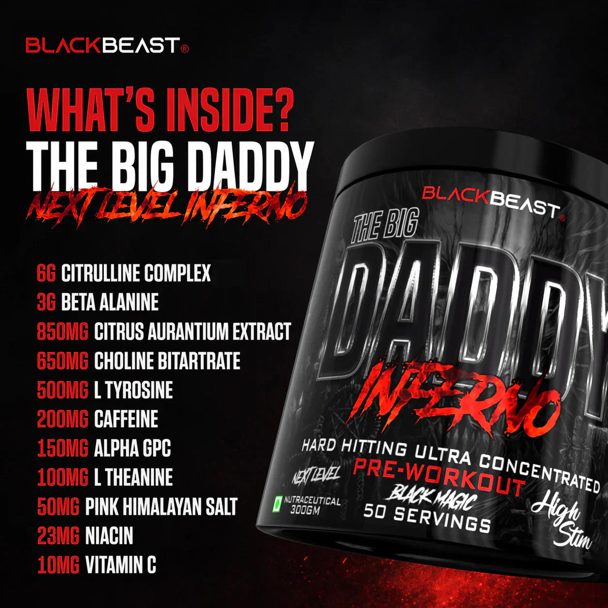 Black Beast Big Daddy Inferno Pre-Workout | Citrulline Malate & Beta Alanine | 300g