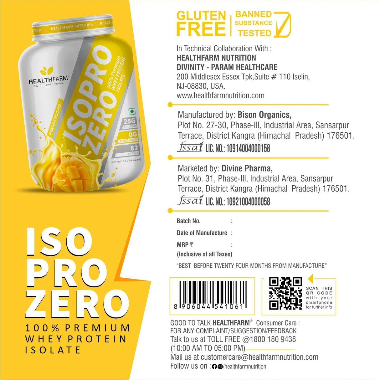 Healthfarm Isopro Zero 100% Whey Protein Isolate | Fast Recovery | 2 Kg (4.4 lbs)
